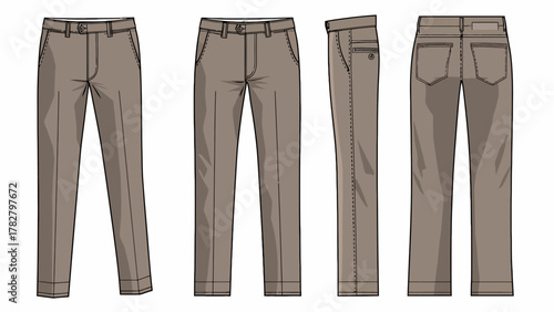 Technical Flat Sketch of Men's Tailored Trousers Mockup (Front, Side, Back Views) in Taupe for Business, Formal, and Office Apparel Template