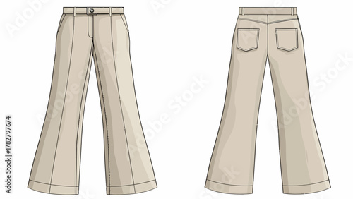 Technical Flat Sketch of Women's High-Waisted Wide-Leg Trousers Mockup in Beige with Belt and Patch Pockets for Business Casual Apparel Template