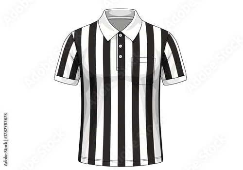 Vector Referee Polo Shirt Illustration, Black and White Striped Umpire Uniform Icon, Sports Official Apparel Design Isolated on White