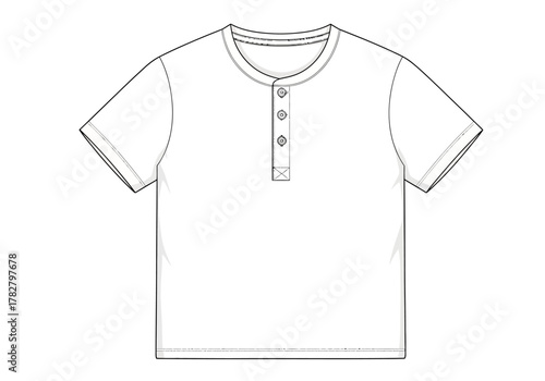 Technical Flat Sketch of Blank White Henley Shirt Mockup with Short Sleeves and Button Placket for Casual Apparel Design Template