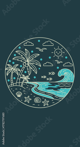 A stylized circular line art illustration of a tropical beach with palm trees, waves, and a smiling sun.
