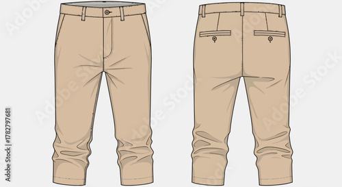 Technical Flat Sketch of Men's Cropped Chino Trousers Mockup in Khaki Beige with Pockets for Casual Summer and Business Apparel Template