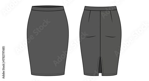 Technical Flat Sketch of Women's Tailored Pencil Skirt Mockup in Dark Gray with Back Vent and Zipper Closure for Business and Corporate Apparel Template