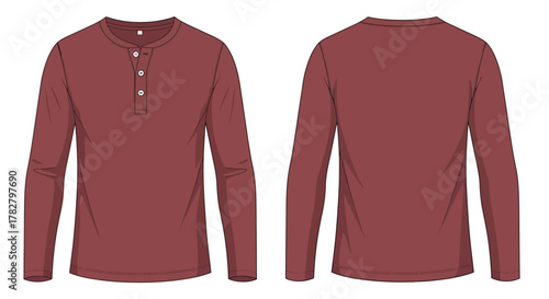 Vector Technical Mockup of Blank Long Sleeve Henley Shirt in Maroon Red with Button Placket for Casual and Fall Apparel Template