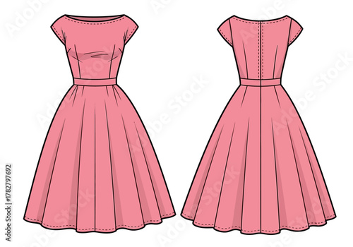 Technical Flat Sketch of Women's 1950s Swing Dress Mockup in Dusty Pink with Boat Neckline and Cap Sleeves for Retro Fashion Template