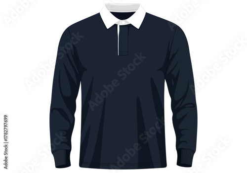 Vector Technical Mockup of Blank Navy Blue Long Sleeve Rugby Shirt with White Collar for Sportswear, Casual, and Team Uniform Template