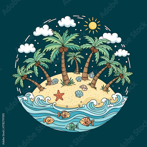 Tropical island with palm trees, shells, starfish, fish, waves, sun, and clouds in a circle.