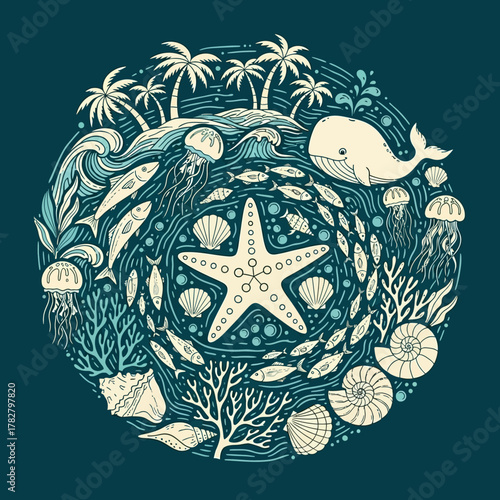 Circular illustration of a vibrant marine ecosystem with a central starfish, whale, fish, and a tropical island.