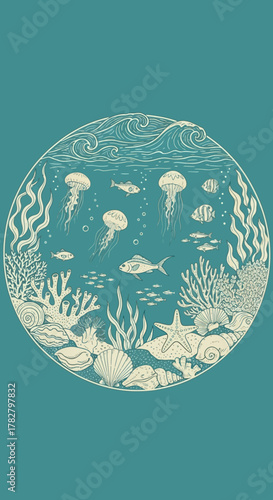 Detailed line art illustration of an underwater ocean scene with jellyfish, fish, coral, seaweed, and seashells, all enclosed within a circular frame on a teal background.