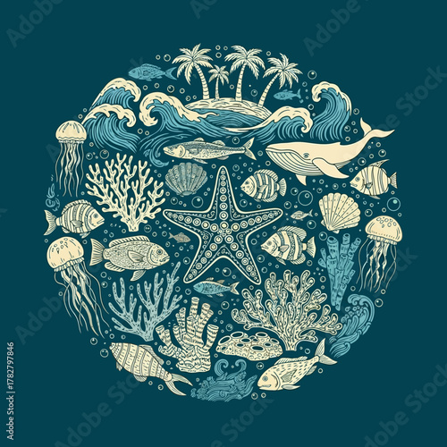 Intricate illustration of marine life, including various fish, coral, and a whale, in a circular design.