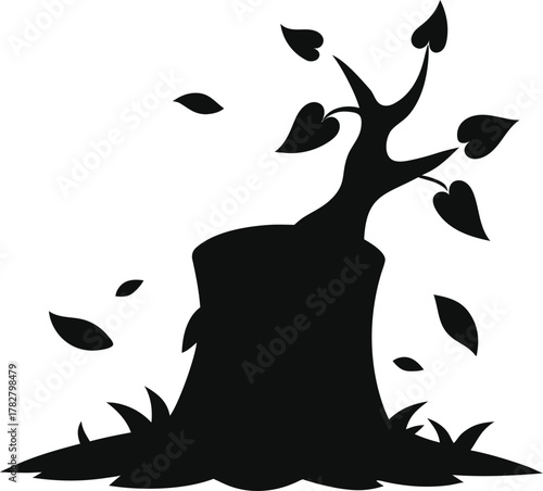 Silhouette of a tree stump with leaves falling isolated on white background isolated on transparent background
