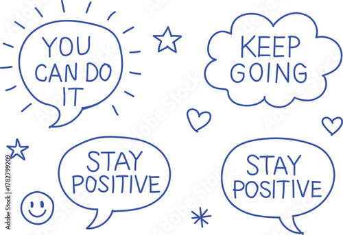 Hand drawn motivational quotes and symbols for encouragement and positivity in speech bubbles