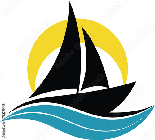 Sailing boat on waves with sun silhouette isolated on white background isolated on transparent background