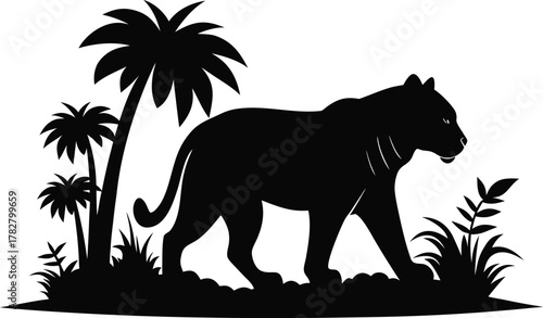 Black panther silhouette walking in tropical jungle at night silhouette isolated on white background isolated on transparent background