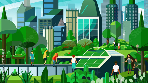 Urban green cityscape with rooftop forests and eco-energyDesign