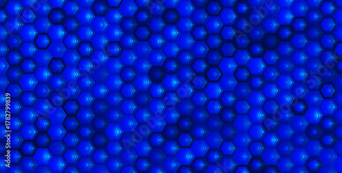 Blue hexagon honeycomb background, luminous tech pattern, futuristic grid texture seamless tile. Vector illustration.