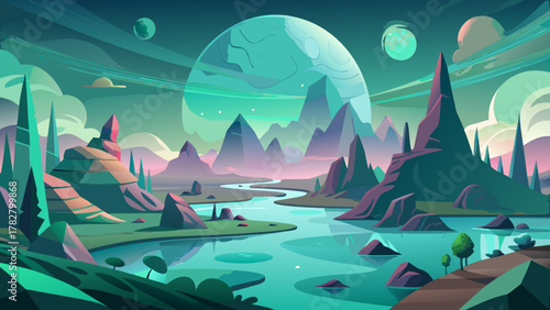 Fantastic Frontiers: a dreamlike cohesive landscape in soft vector tones