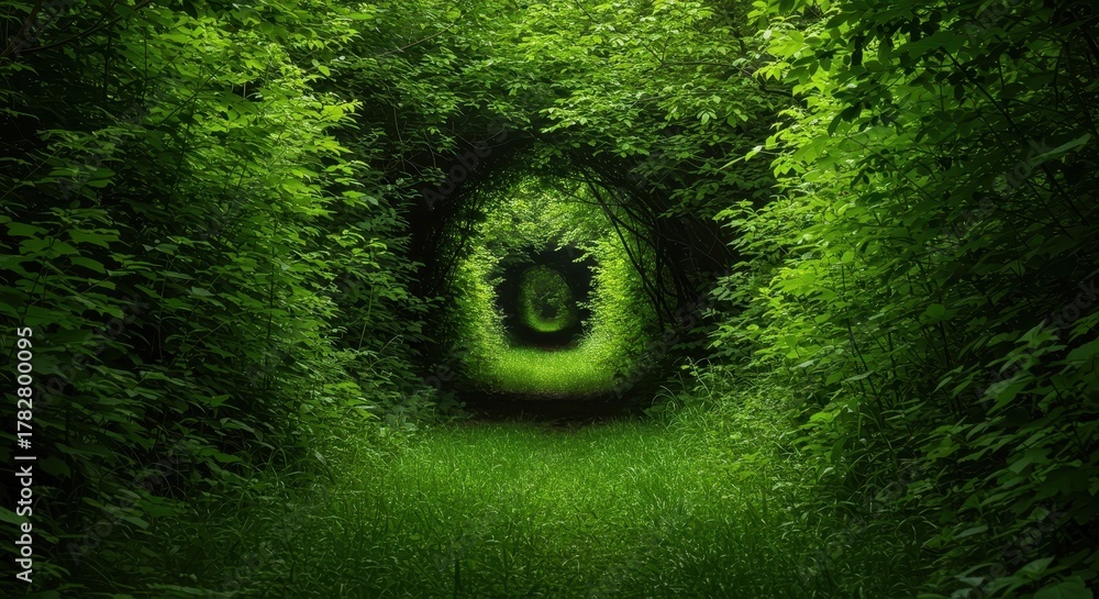 Fototapeta premium Lush emerald foliage forms a captivating natural tunnel, creating a mysterious, shaded green pathway through dense, overgrown forest terrain ,peaceful ,mysterious ,journey