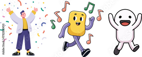 Joyful happy meme characters dancing with confetti and music notes
