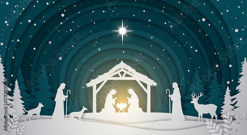 Photo of a beautiful papercut style illustration of the nativity scene, with mary, joseph, and baby jesus in a stable under a starry sky and the star of bethlehem