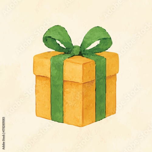 Gift box watercolor with green ribbon