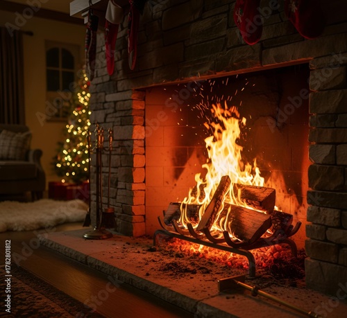 Feu de cheminée à l'intérieur d'une maison décorée pour Noël