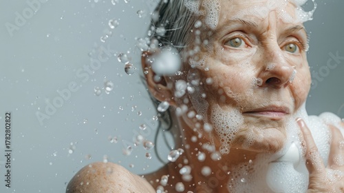 Elderly caucasian woman with soap bubbles on face during bath