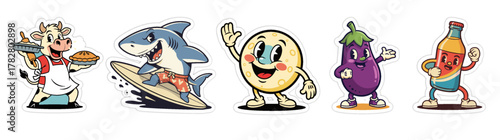 Whimsical Cartoon Characters - Cow Chef, Surfing Shark, Waving L