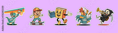 Collection of Five Unique Cartoon Character Stickers with Divers