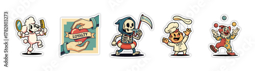 Set of five cartoon characters in various poses and costumes.