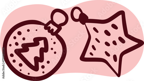 Christmas Ornament Line Art Sketch, Minimal Hand Drawn Holiday Decoration, New Year Bauble Illustration