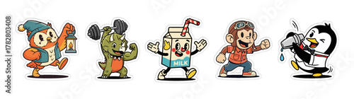 A delightful collection of cartoon characters, including a pengu