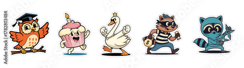 Cute Cartoon Characters Collection - Owl, Cupcake, Swan, Raccoon