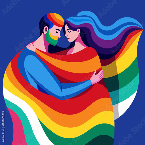 A stylized illustration of a couple embracing, wrapped in a rainbow flag, symbolizing love and LGBTQ+ pride.