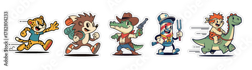 Collection of Five Cartoon Characters - Cheetah, Hedgehog, Allig