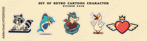 Set of Retro Cartoon Characters Sticker Pack.