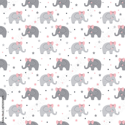 Cute Elephant Seamless Pattern with Pink Bows and Stars on a white background. Nursery Textile Design or Baby Shower Background. Vector illustration.
