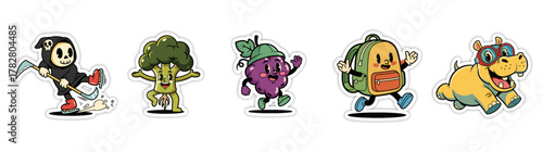 Set of five cartoon characters, including a grim reaper, broccol