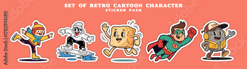 Set of Retro Cartoon Characters Sticker Pack.
