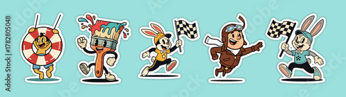 Set of five cartoon characters in various roles, including a swi