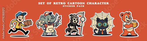 Set of Retro Cartoon Character Sticker Pack with Various Animals