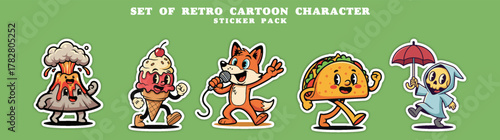 Set of Retro Cartoon Characters Sticker Pack.