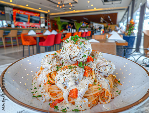 Wallpaper Mural Creamy Spaghetti with Rolled Fish and Vegetables in Modern Restaurant Interior Torontodigital.ca