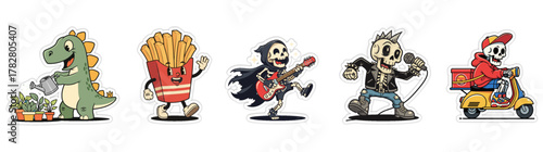 A collection of five cartoon characters, including a dinosaur, f