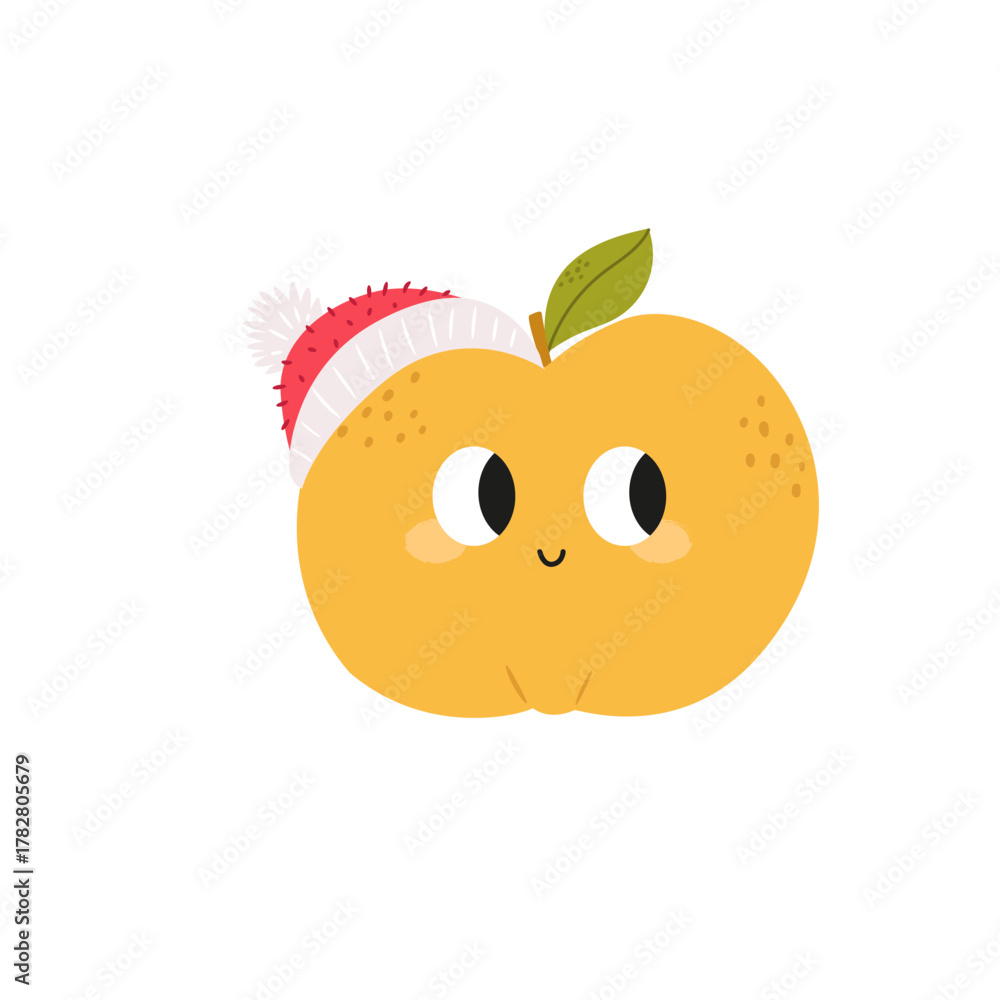 Obraz premium Funny Apricot Character Vector Illustration with Santa Hat | Cute Flat Cartoon Christmas Fruit