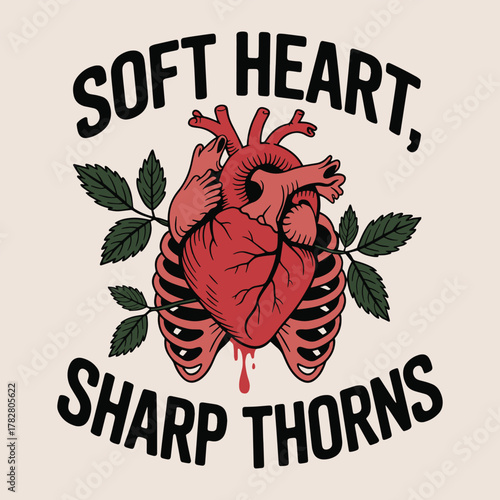 Soft Heart Sharp Thorns Anatomical Heart Rib Cage T Shirt Design