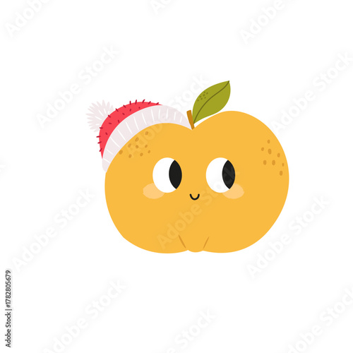Funny Apricot Character Vector Illustration with Santa Hat | Cute Flat Cartoon Christmas Fruit