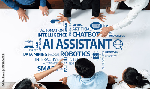 Fotografi Diverse professionals gather to brainstorm ideas about AI assistants, highlighting concepts like automation, robotics, and digital intelligence in a collaborative workspace