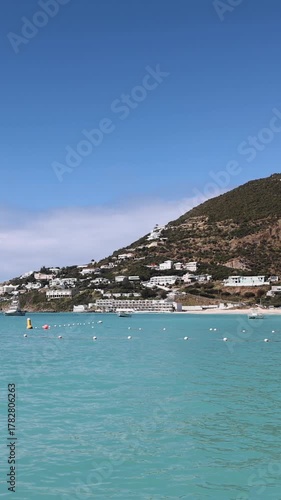 Caribbean vacation in Philipsburg, Sint Maarten scenic panoramic shoreline and sand beaches, view from the cruise ship
