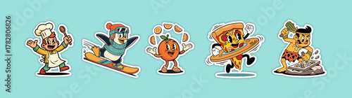 Cartoon characters set - chef, snowboarder, orange, sandwich, an
